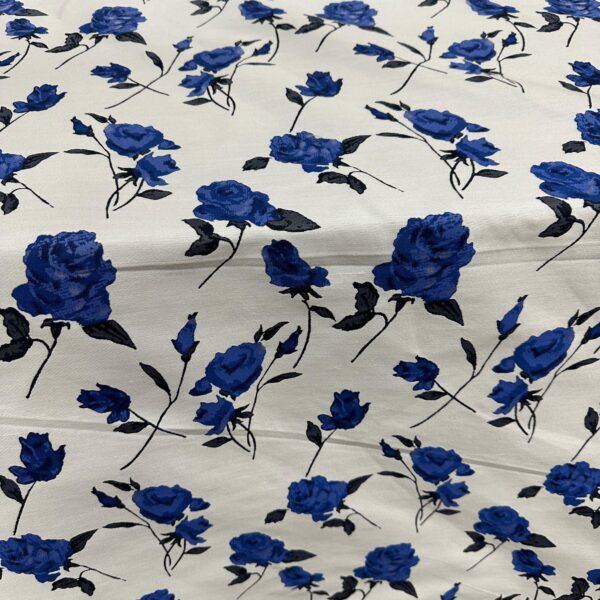 Ivory Fabric with Blue Rose Print | Elegant Floral Fabric