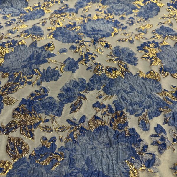 Blue & Gold Floral Brocade Fabric | Luxury Bridal Jacquard