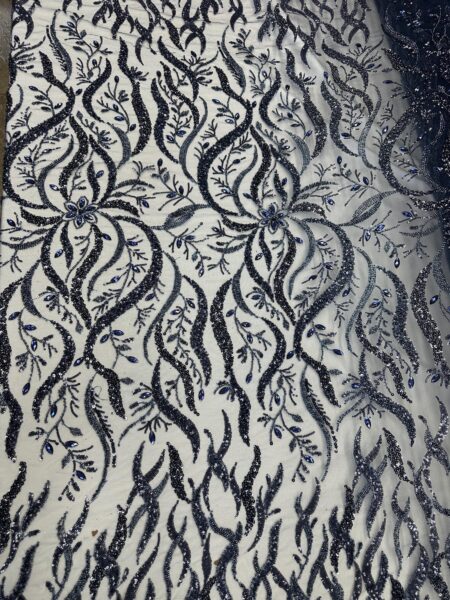 Midnight Blue Beaded Lace Fabric  Embroidered Tulle, Bridal Gown Lace