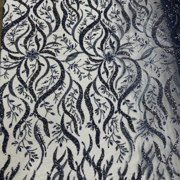 Midnight Blue Beaded Lace Fabric  Embroidered Tulle, Bridal Gown Lace