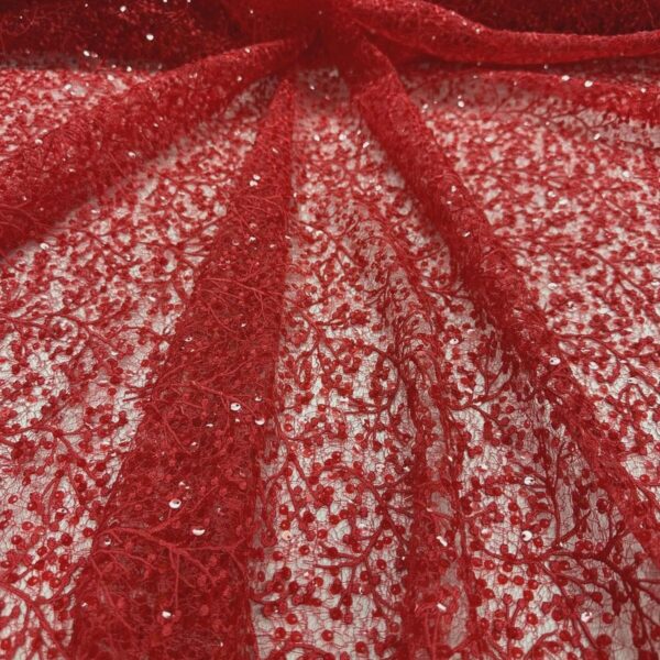 Red Embroidered Lace Fabric with Sequins Floral Net, Bridal Evening Dress
