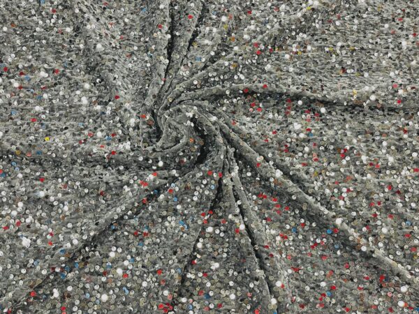 Silver Sequin Velvet Fabric Multicolor Accents, Couture Gown Material