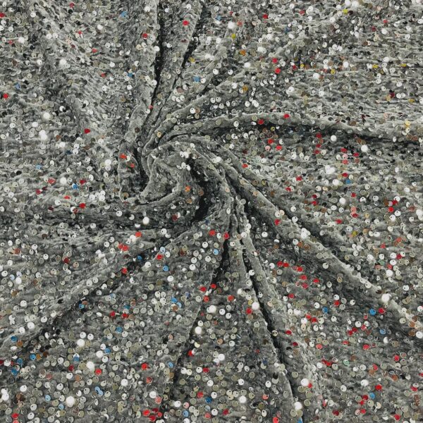 Silver Sequin Velvet Fabric Multicolor Accents, Couture Gown Material