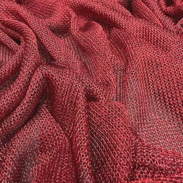 Stretch Metallic Ruby Red Mesh Chainmail Fabric, Sheer 2-Way Stretch, 60 Inch Wide, Costume Apparel Dance Fabric