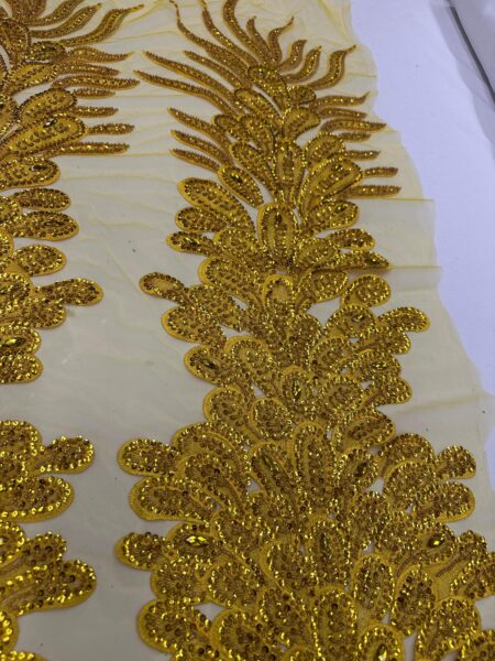 Gold Beaded Rhinestone Lace Panel Embroidered Applique