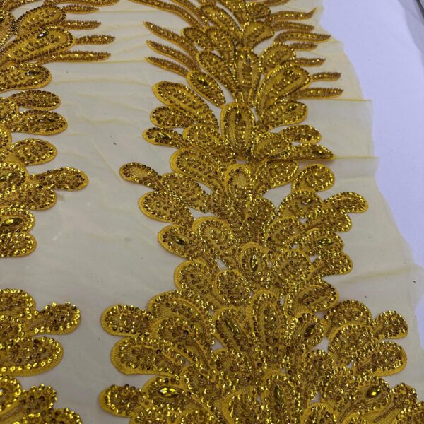 Gold Beaded Rhinestone Lace Panel Embroidered Applique