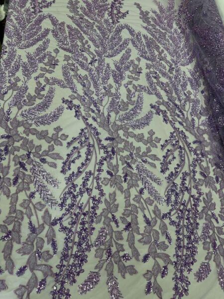 Luxury Purple Beaded Floral Lace Fabric on Mesh, Sequin Embroidered Evening Gown Lace, Bridal & Prom Dress Fabric by the Yard