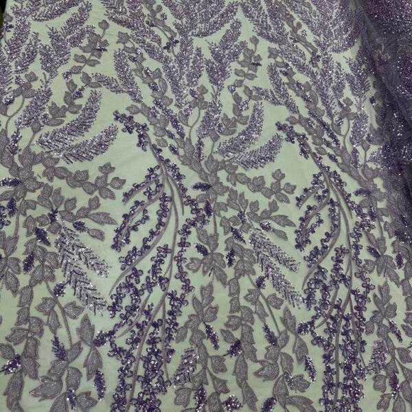 Luxury Purple Beaded Floral Lace Fabric on Mesh, Sequin Embroidered Evening Gown Lace, Bridal & Prom Dress Fabric by the Yard
