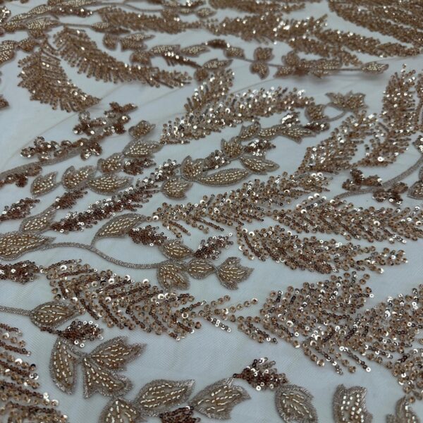 Luxury Champagne Rose Gold Beaded Lace Fabric, Sequin Floral Embroidered Mesh, Bridal Evening Gown Lace, Couture Dress Fabric by the Yard