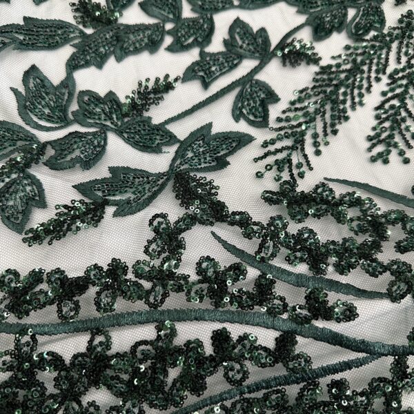 Emerald Green Beaded Lace Fabric, Sequin Embroidered Floral Vine Bridal Gown