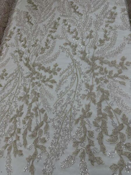 Ivory Champagne Beaded Lace Fabric Sequin Embroidered Floral Vine, Bridal Gown