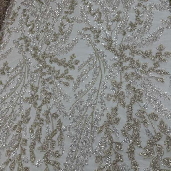 Ivory Champagne Beaded Lace Fabric Sequin Embroidered Floral Vine, Bridal Gown