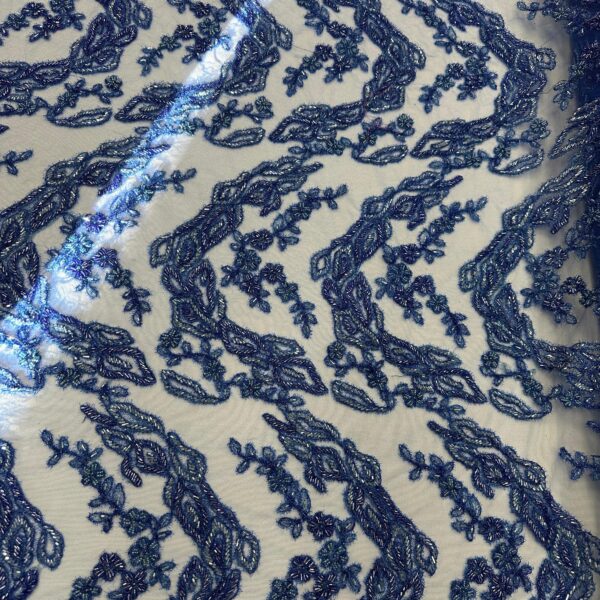 Royal Blue Beaded Lace Fabric, Sequin Floral Embroidery Bridal Gown Material