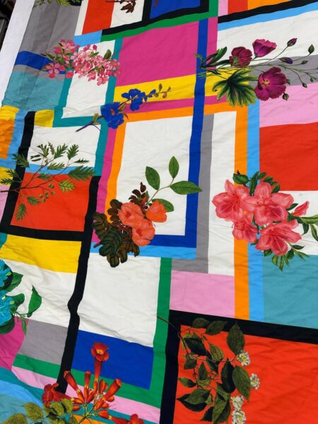 Floral Stripe Cotton Fabric, Multicolor Patchwork Style Lightweight Woven Fabric