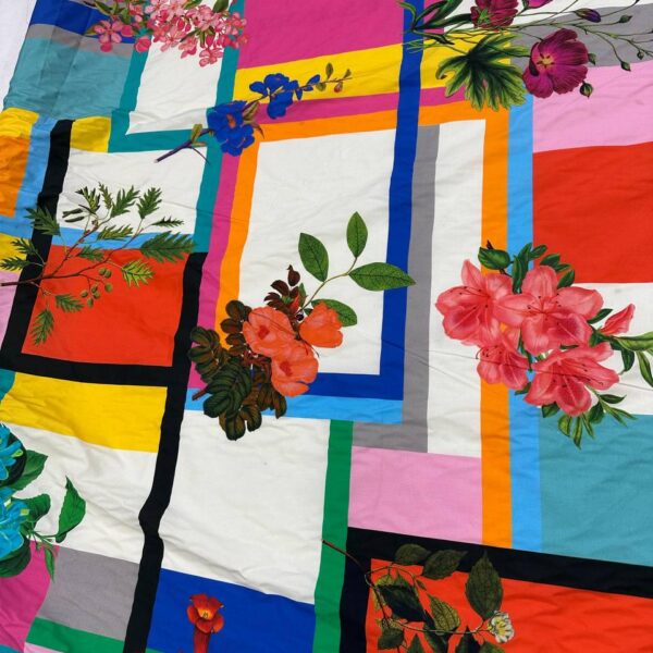 Floral Stripe Cotton Fabric, Multicolor Patchwork Style Lightweight Woven Fabric
