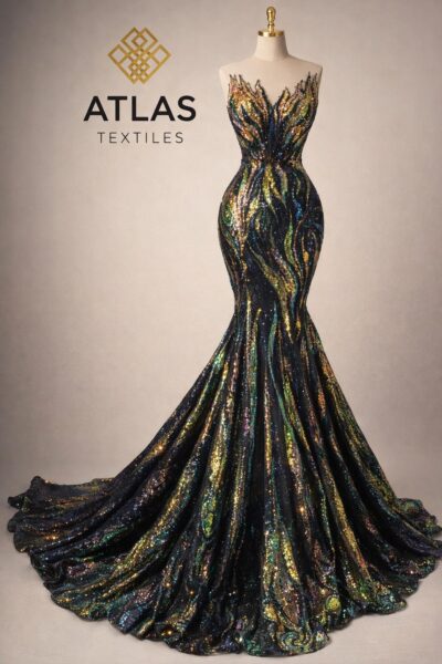 Multi Color Sequin Lace Fabric Iridescent Mermaid Pattern, Luxury Evening Gown Material