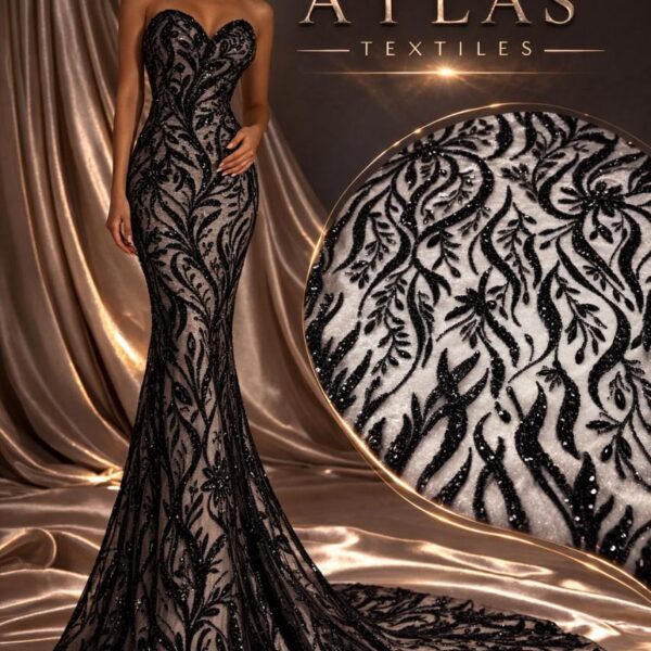 Black Beaded Lace Fabric with Sequins & Crystals | Luxury Embroidered Mesh Lace | Couture Evening Fabric by the Yard