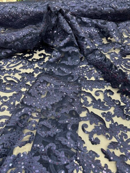 Navy Blue Sequin Lace Fabric – Luxury Embroidered Mesh Lace by the Yard – Elegant Evening Gown Fabric – Formal & Bridal Overlay