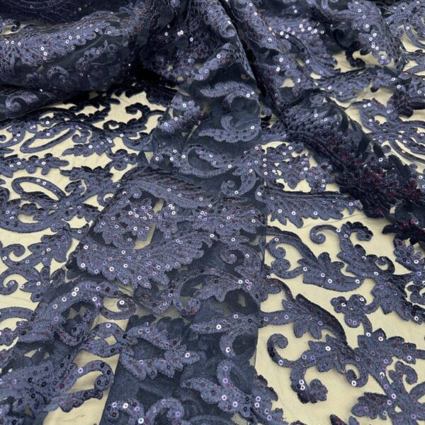 Navy Blue Sequin Lace Fabric – Luxury Embroidered Mesh Lace by the Yard – Elegant Evening Gown Fabric – Formal & Bridal Overlay
