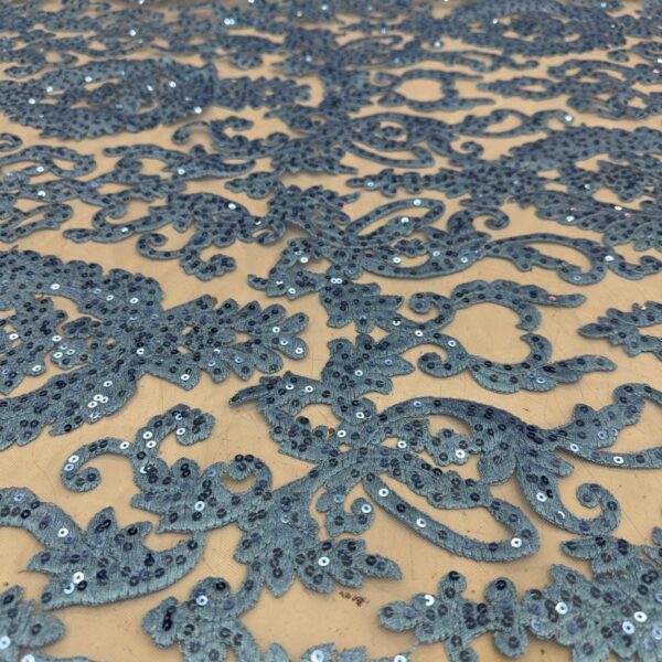 Dusty Blue Sequin Lace Fabric  Baroque Damask Evening Gown Overlay by Yard