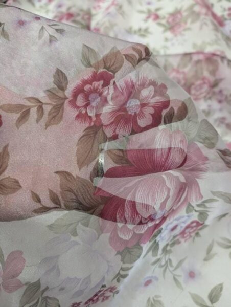 Sheer Floral Organza Fabric by Yard, Pink Rose Print Lightweight Bridal Dress Material