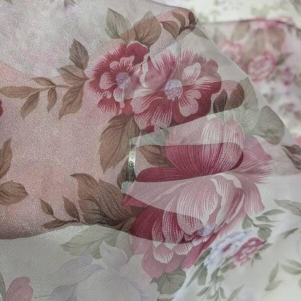 Sheer Floral Organza Fabric by Yard, Pink Rose Print Lightweight Bridal Dress Material