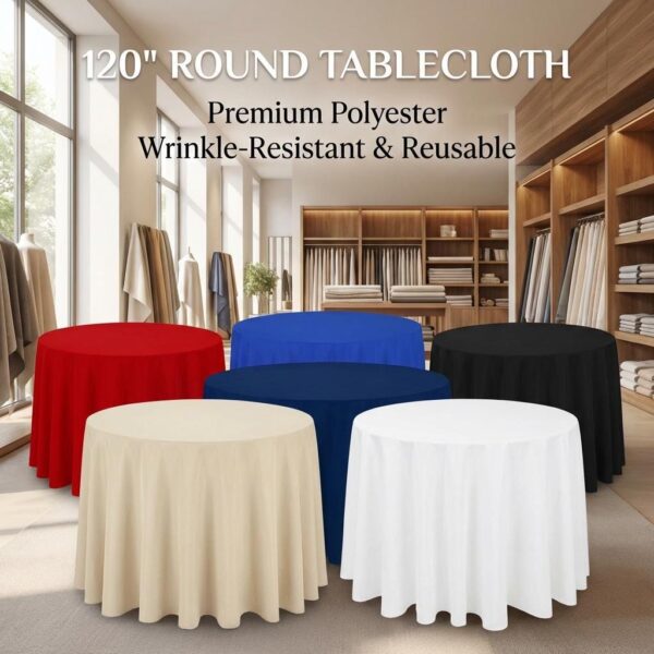 120" Round Polyester Tablecloth  Wrinkle-Resistant, Reusable Event Cover