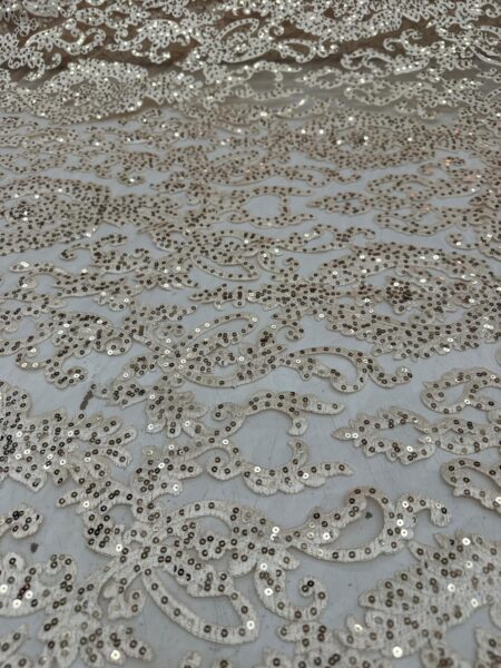 Ivory Sequin Lace Fabric – Champagne Embroidered Mesh Lace by the Yard – Luxury Bridal Lace – Wedding & Evening Gown Fabric