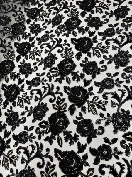 Black Floral Velvet Lace Fabric by the Yard – Luxury Sequin Embroidered Mesh, Elegant Evening Dress Lace, Bridal & Couture Fabric