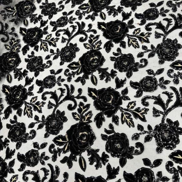 Black Floral Velvet Lace Fabric by the Yard – Luxury Sequin Embroidered Mesh, Elegant Evening Dress Lace, Bridal & Couture Fabric