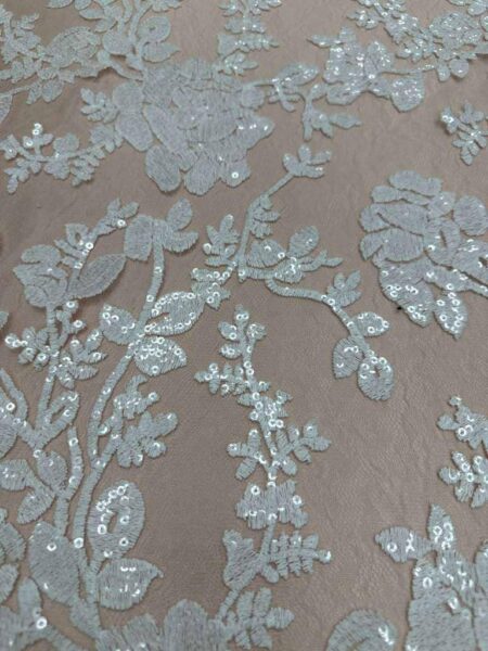 White Floral Sequin Lace Fabric by the Yard – Luxury Embroidered Mesh Lace, Bridal Wedding Lace Fabric, Elegant Evening Dress Material