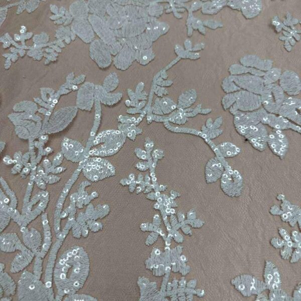 White Floral Sequin Lace Fabric by the Yard – Luxury Embroidered Mesh Lace, Bridal Wedding Lace Fabric, Elegant Evening Dress Material
