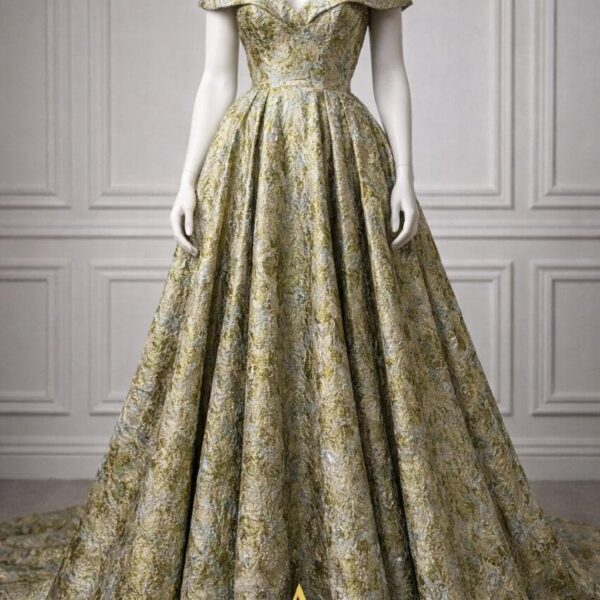 Green Gold Brocade Fabric by Yard  Metallic Floral Jacquard Evening Dress Material