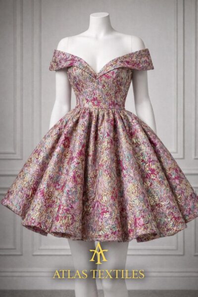 Pink Gold Brocade Fabric Metallic Floral Jacquard, Couture Evening Dress Material