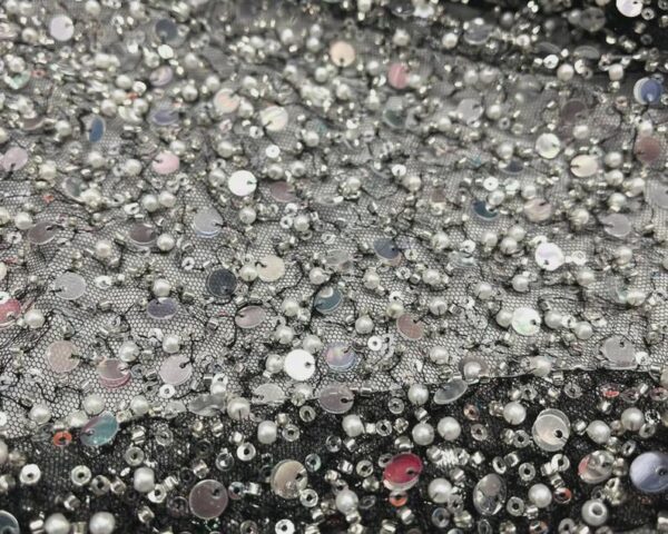 Luxury Silver Sequin Fabric on Black Mesh – Sparkling Beaded Sequin Fabric for Evening Dress, Couture Gown, Wedding / Party Decor