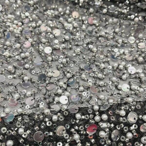 Luxury Silver Sequin Fabric on Black Mesh – Sparkling Beaded Sequin Fabric for Evening Dress, Couture Gown, Wedding / Party Decor