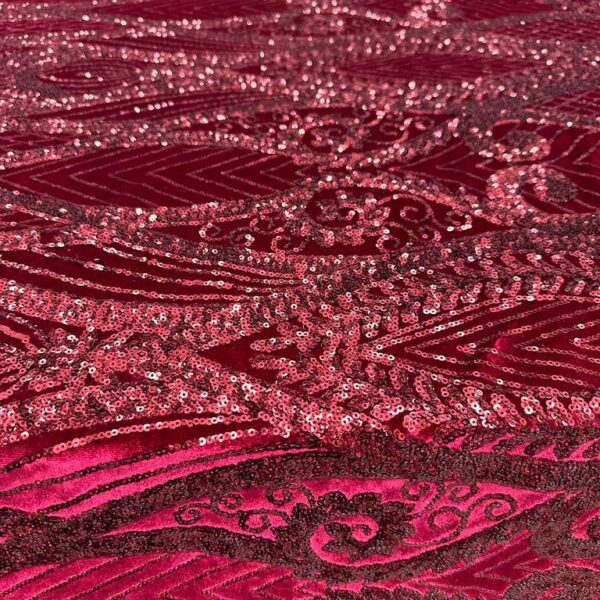 Burgundy Sequin Velvet Fabric  Embroidered Glitter Couture Evening Dress Material