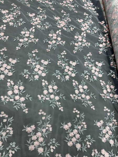 Sage Green Floral Embroidered Tulle Fabric by the Yard – Soft Pink Flowers Mesh Lace, Romantic Bridal Dress Fabric, Sheer Evening Fabric