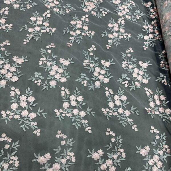 Sage Green Floral Embroidered Tulle Fabric by the Yard – Soft Pink Flowers Mesh Lace, Romantic Bridal Dress Fabric, Sheer Evening Fabric