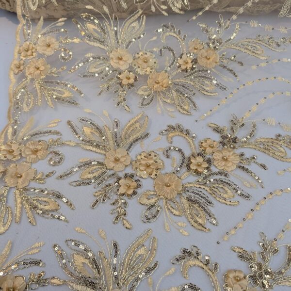 Champagne Gold 3D Floral Lace Fabric  Beaded Sequin Tulle, Bridal Wedding Dress Material