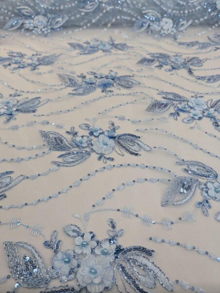 Light Blue 3D Floral Lace Fabric  Beaded Sequin Tulle, Bridal Wedding Dress Couture