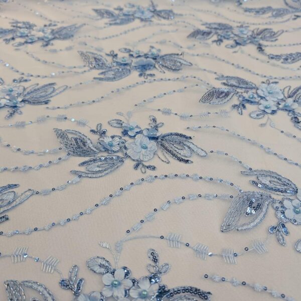 Light Blue 3D Floral Lace Fabric  Beaded Sequin Tulle, Bridal Wedding Dress Couture