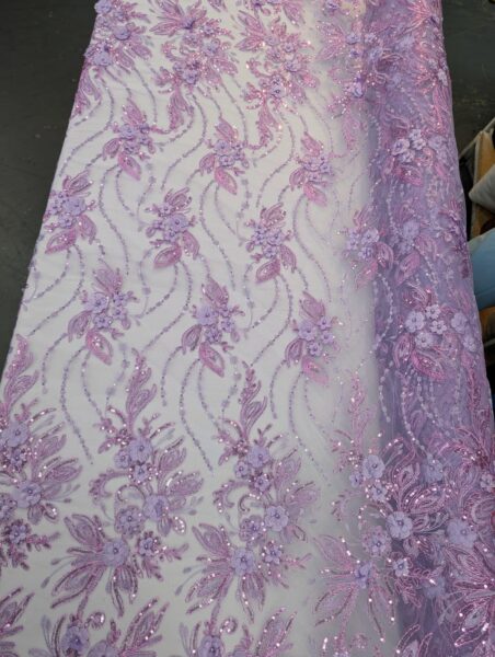 Lavender 3D Floral Lace Fabric  Beaded Sequin Embroidered Tulle, Bridal Evening Dress Material