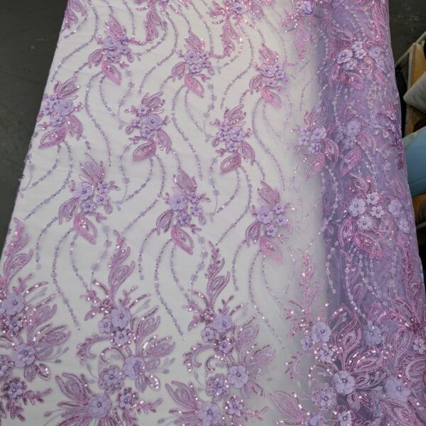 Lavender 3D Floral Lace Fabric  Beaded Sequin Embroidered Tulle, Bridal Evening Dress Material
