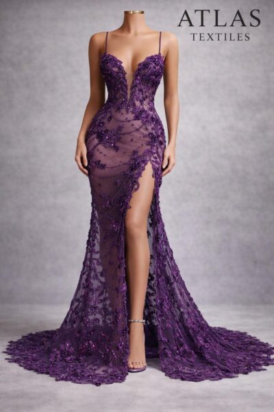 Plum Purple 3D Floral Lace Fabric  Beaded Sequin Tulle Couture Evening Dress Material