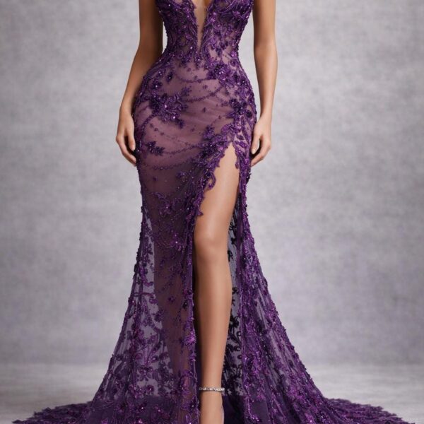 Plum Purple 3D Floral Lace Fabric with Sequins