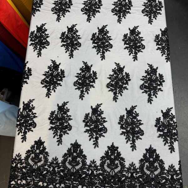 Black Beaded Lace Fabric, Luxury Floral Tulle with Sequins Evening Gown Bridal Material