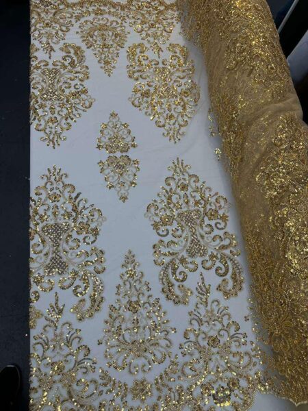 Gold Beaded Lace Fabric, Embroidered Tulle Sequins Bridal Wedding Dress Couture By Yard