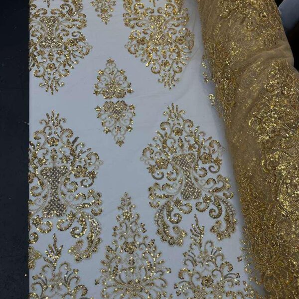 Gold Beaded Lace Fabric, Embroidered Tulle Sequins Bridal Wedding Dress Couture By Yard