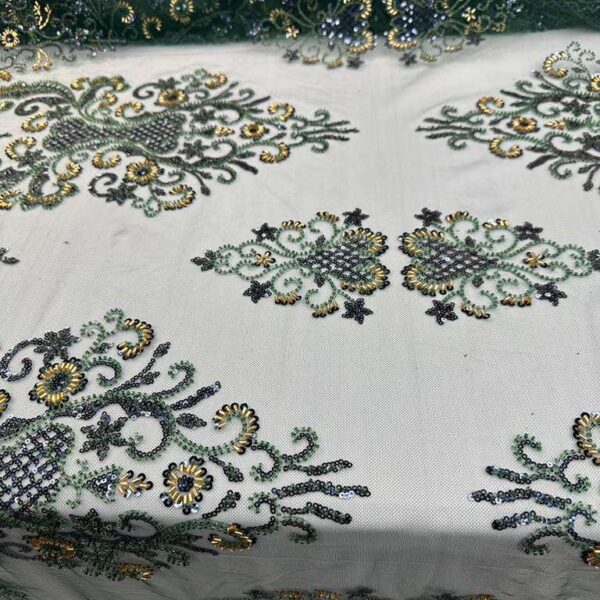 Emerald Green Beaded Lace Fabric, Gold Sequins Floral Tulle Bridal Evening Gown (By Yard)